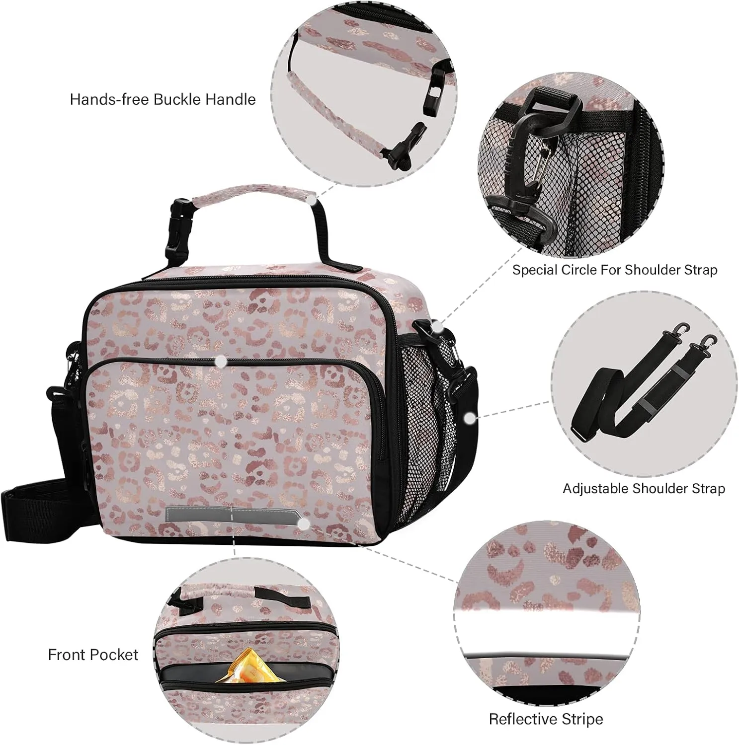 Pink Leopard Print Golden Cheetah Lunch Box for Girls Cute Lunch Bags for Women Cooler Bag Reusable Lunch Tote Bag Insulated Shoulder Bag for Work School Picnic