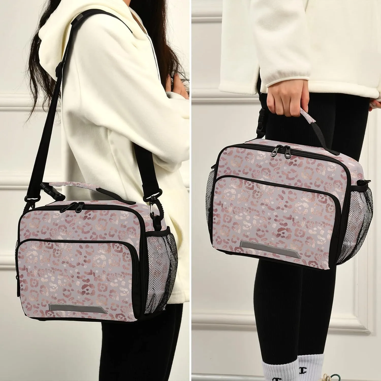 Pink Leopard Print Golden Cheetah Lunch Box for Girls Cute Lunch Bags for Women Cooler Bag Reusable Lunch Tote Bag Insulated Shoulder Bag for Work School Picnic