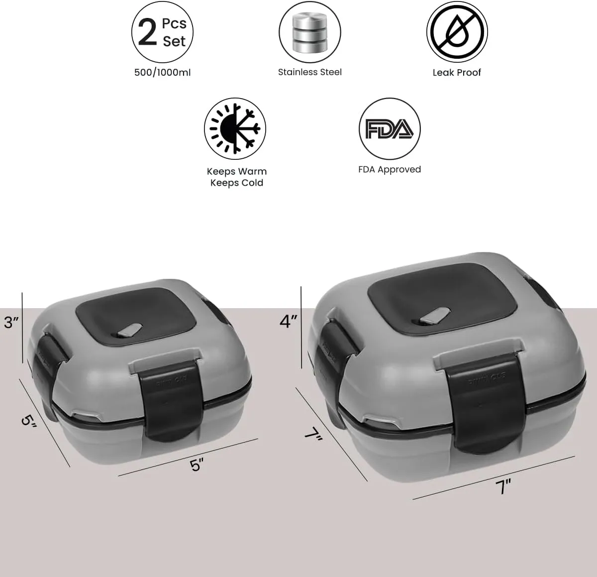 Pinnacle Inulated Leak Proof Lunch Box for Kids/Adults - Stainless steel Thermal Lunch Box Container for School Set of 2 Sizes (Grey, 16-32 oz)