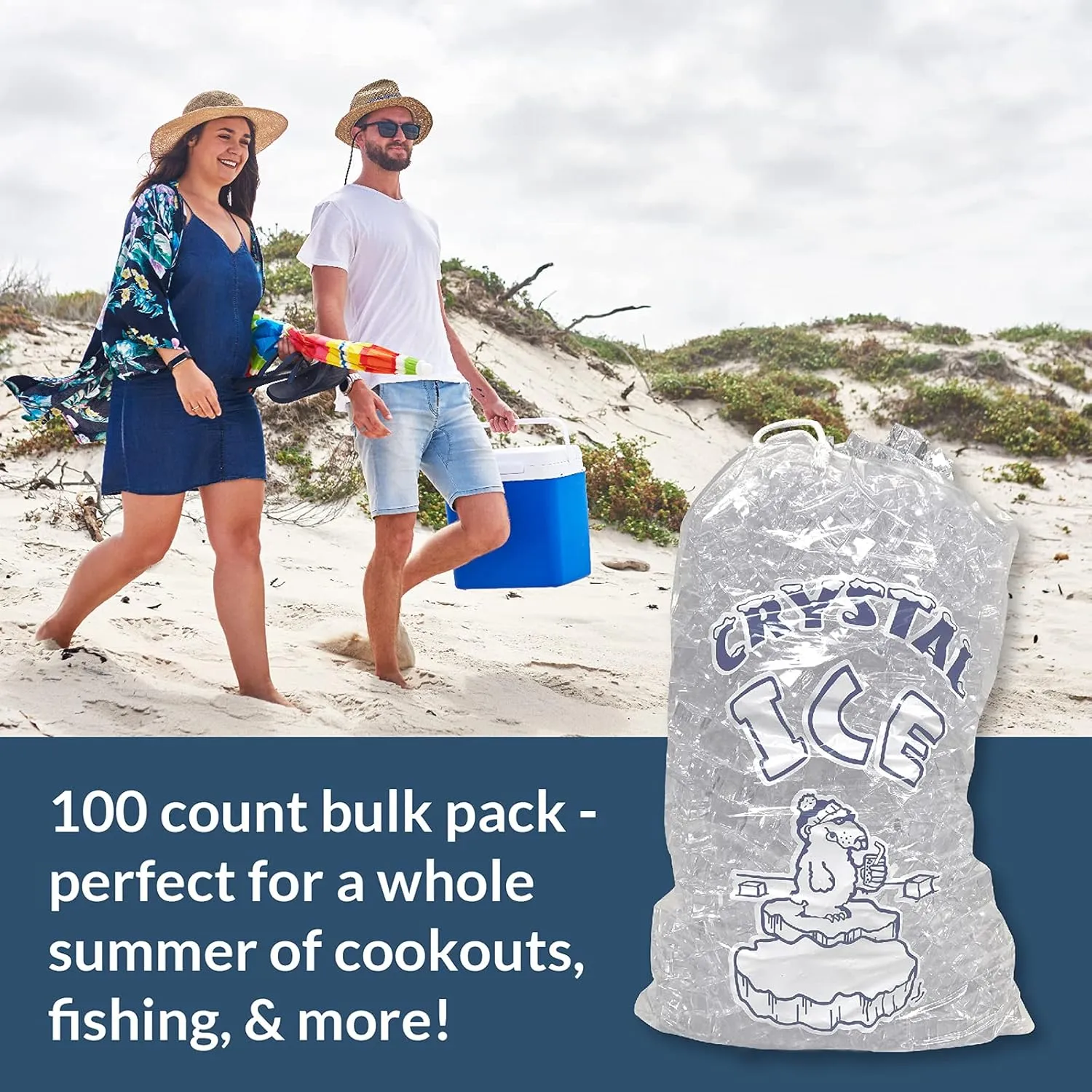 Pinnacle Mercantile 8 lb. Drawstring Ice Bags (100-Count) Heavy-Duty, Puncture-Resistant EVA | Cotton Pull Closure | Disposable, Recyclable | Portable Storage and Freezer Keeper