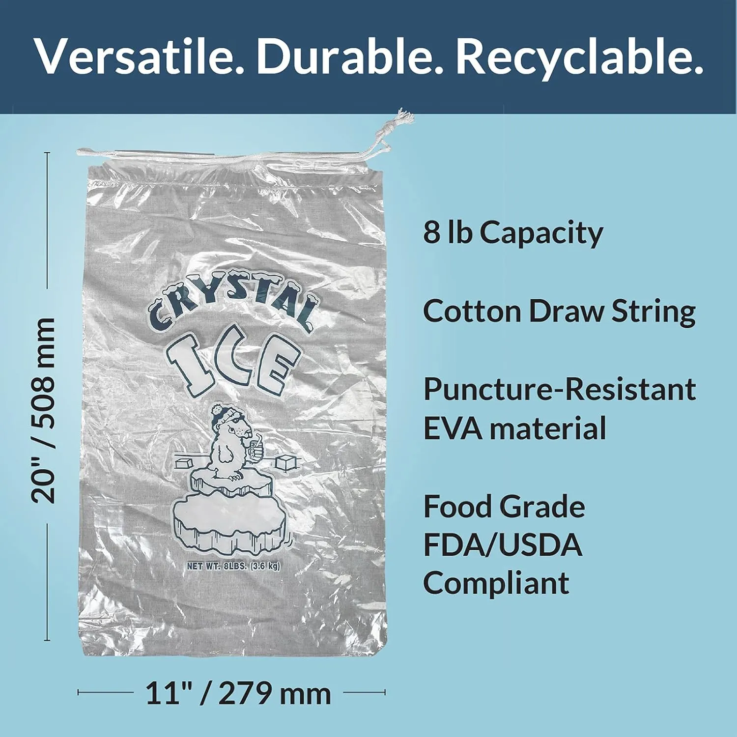 Pinnacle Mercantile 8 lb. Drawstring Ice Bags (100-Count) Heavy-Duty, Puncture-Resistant EVA | Cotton Pull Closure | Disposable, Recyclable | Portable Storage and Freezer Keeper