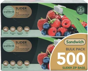 Pint Slider Storage Bags (500 Count) with Expandable Bottom, BPA Free, Microwave Safe Clear Reusable Freezer Bags