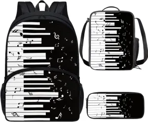 PinUp Angel Black White Musical Notation Print Cute Patterned Backpack With Pencil Bag and Lunch Bag for Boys Girls, Kids Backpacks for Elementary School with Adjustable Padded Straps