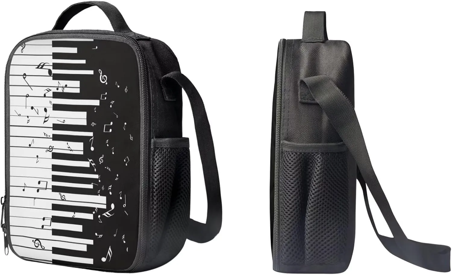 PinUp Angel Black White Musical Notation Print Cute Patterned Backpack With Pencil Bag and Lunch Bag for Boys Girls, Kids Backpacks for Elementary School with Adjustable Padded Straps
