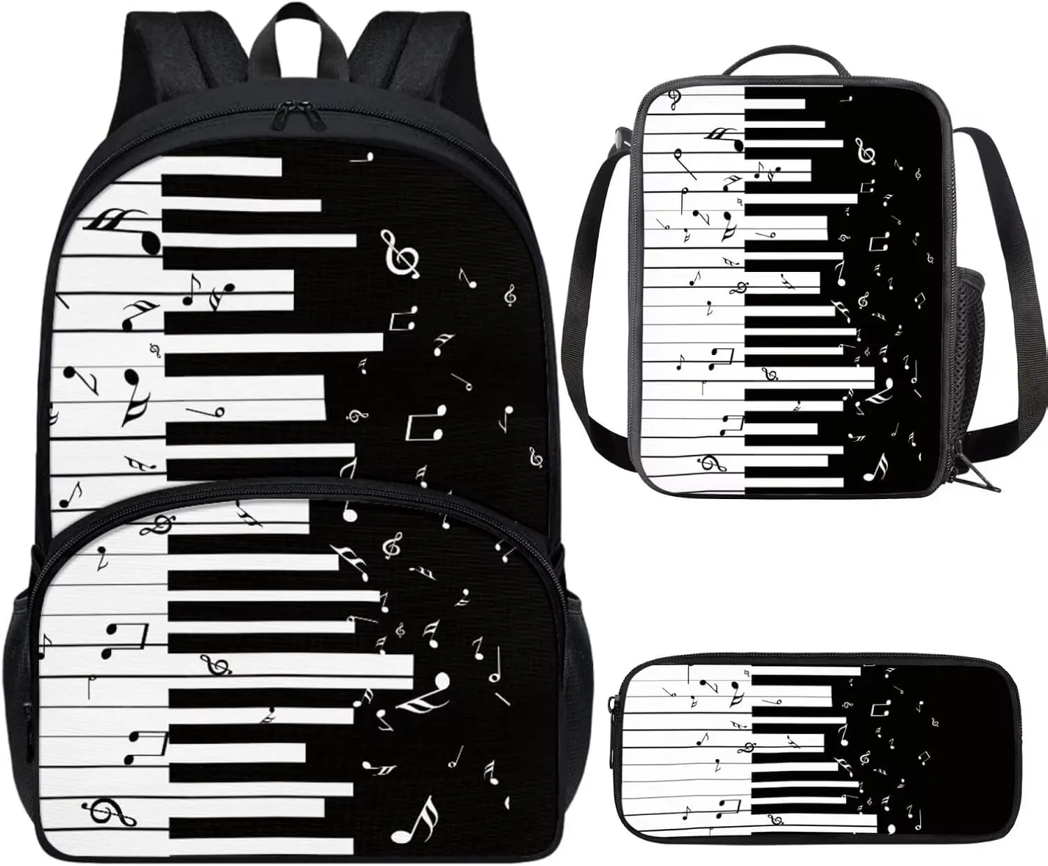 PinUp Angel Black White Musical Notation Print Cute Patterned Backpack With Pencil Bag and Lunch Bag for Boys Girls, Kids Backpacks for Elementary School with Adjustable Padded Straps