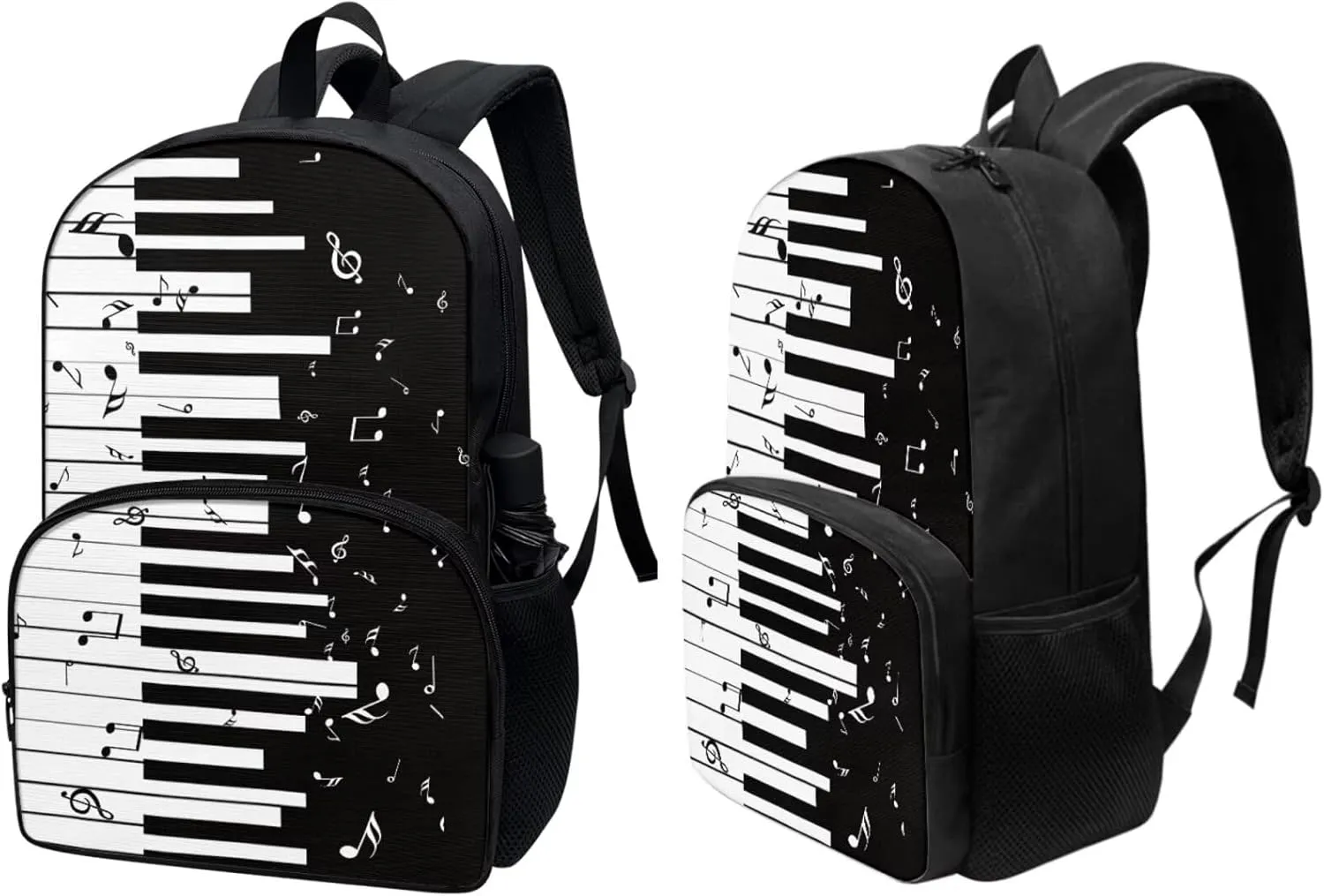 PinUp Angel Black White Musical Notation Print Cute Patterned Backpack With Pencil Bag and Lunch Bag for Boys Girls, Kids Backpacks for Elementary School with Adjustable Padded Straps
