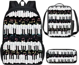 PinUp Angel Black White Piano Musical Notation Print Cute Patterned Backpack With Pencil Bag and Lunch Bag for Boys Girls, Kids Backpacks for Elementary School with Adjustable Padded Straps