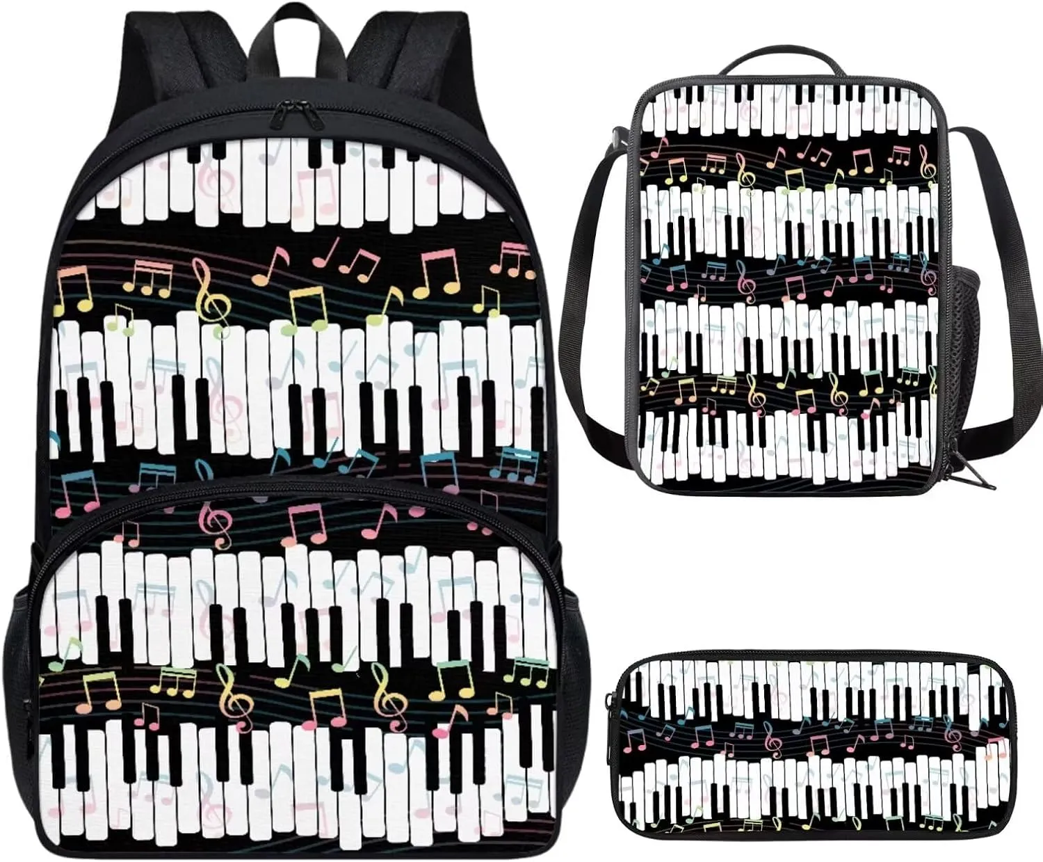 PinUp Angel Black White Piano Musical Notation Print Cute Patterned Backpack With Pencil Bag and Lunch Bag for Boys Girls, Kids Backpacks for Elementary School with Adjustable Padded Straps