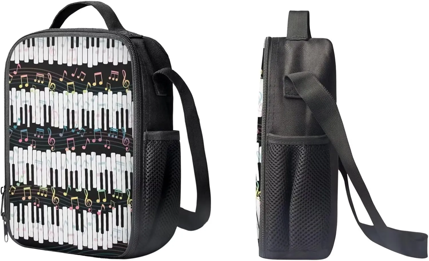 PinUp Angel Black White Piano Musical Notation Print Cute Patterned Backpack With Pencil Bag and Lunch Bag for Boys Girls, Kids Backpacks for Elementary School with Adjustable Padded Straps