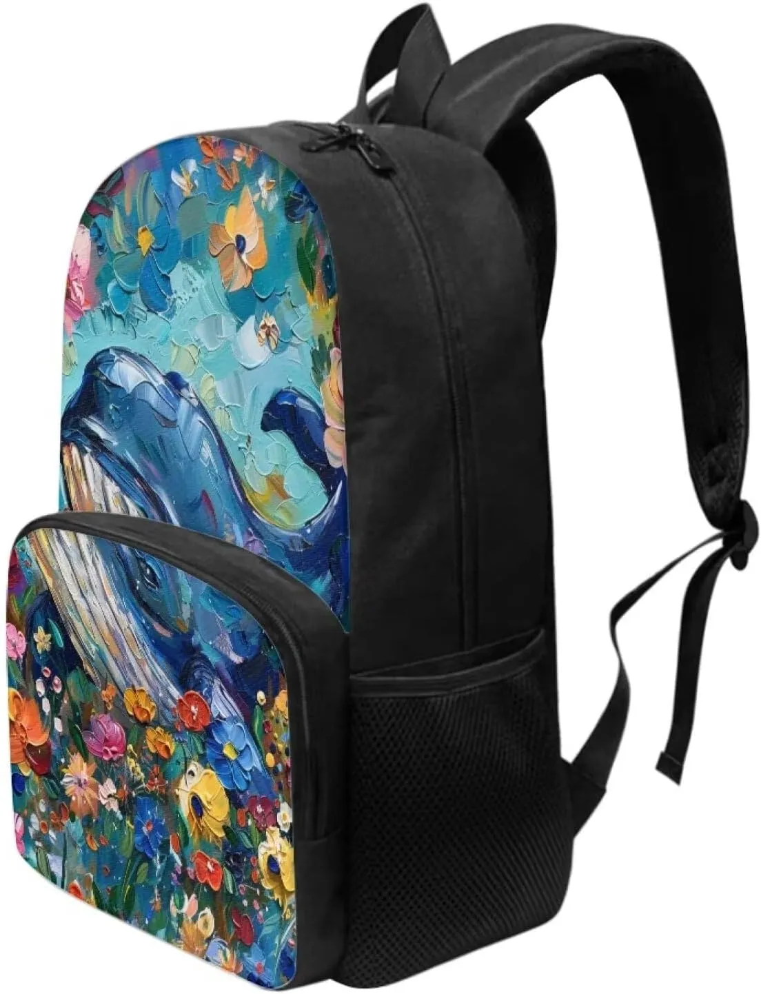 PinUp Angel Blue Whale Print Kids Art Oil Painting Animal Patterned Backpack for Elementary Primary Middle School Bags for Teens Children Cute Book Bags Gifts
