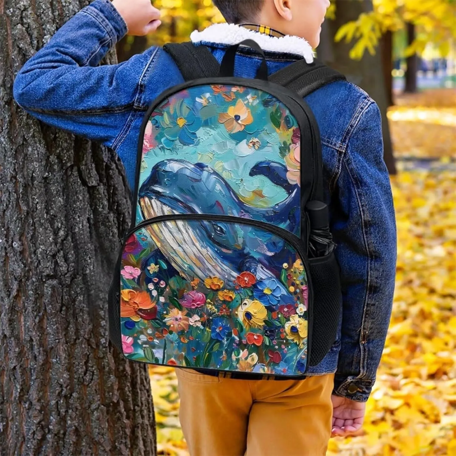 PinUp Angel Blue Whale Print Kids Art Oil Painting Animal Patterned Backpack for Elementary Primary Middle School Bags for Teens Children Cute Book Bags Gifts