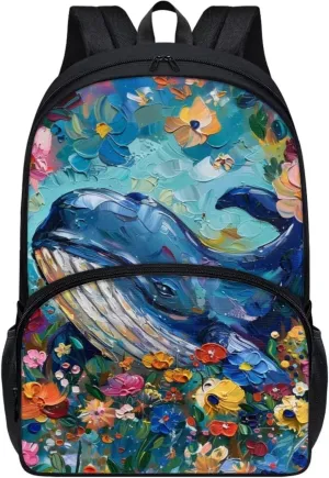 PinUp Angel Blue Whale Print Kids Art Oil Painting Animal Patterned Backpack for Elementary Primary Middle School Bags for Teens Children Cute Book Bags Gifts