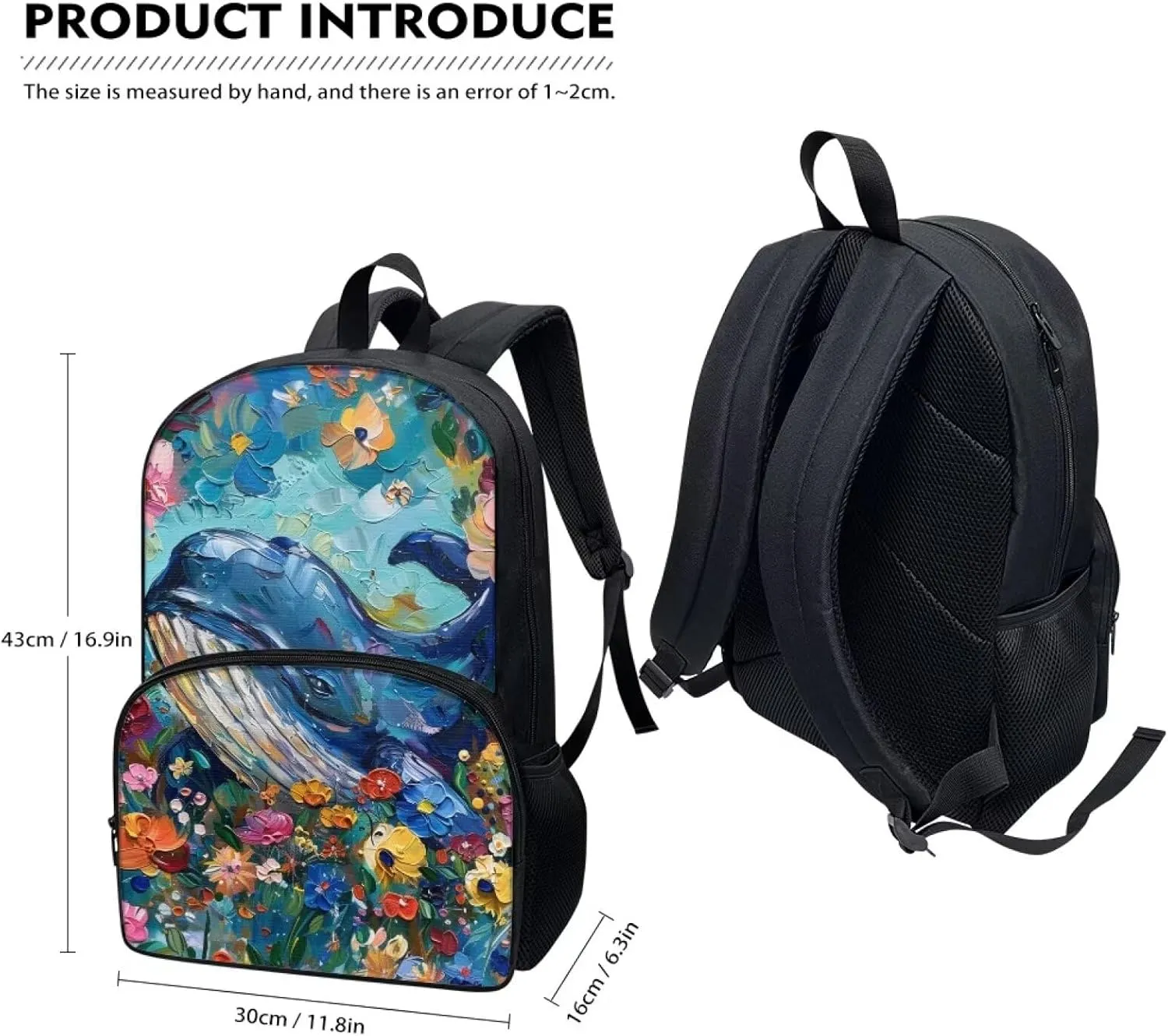 PinUp Angel Blue Whale Print Kids Art Oil Painting Animal Patterned Backpack for Elementary Primary Middle School Bags for Teens Children Cute Book Bags Gifts