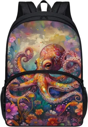 PinUp Angel Cartoon Octopus Print Kids Art Oil Painting Animal Patterned Backpack for Elementary Primary Middle School Bags for Teens Children Cute Book Bags Gifts