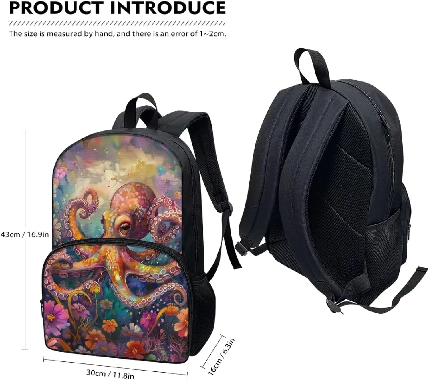 PinUp Angel Cartoon Octopus Print Kids Art Oil Painting Animal Patterned Backpack for Elementary Primary Middle School Bags for Teens Children Cute Book Bags Gifts