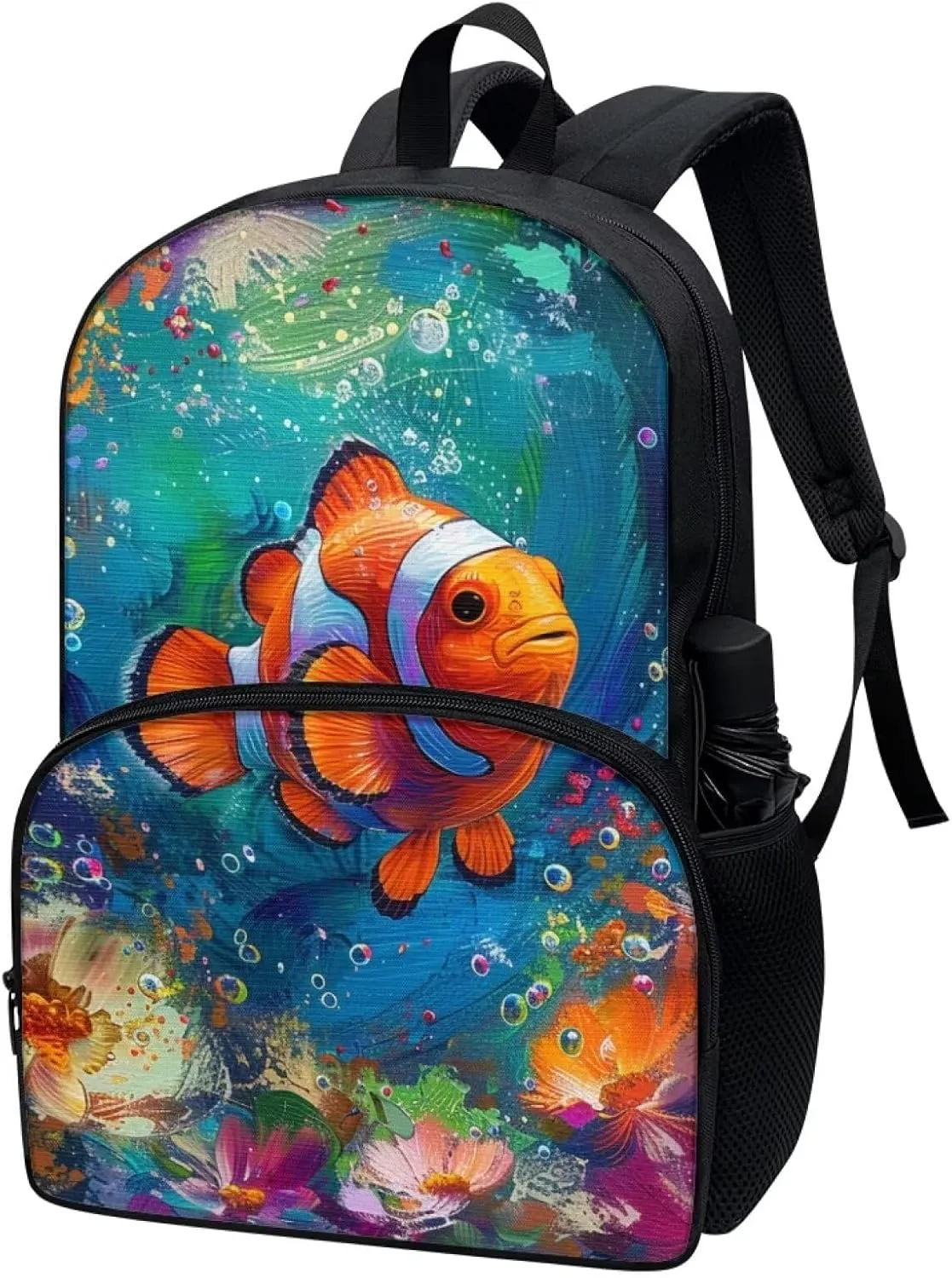 PinUp Angel Clownfish Print Kids Art Oil Painting Animal Patterned Backpack for Elementary Primary Middle School Bags for Teens Children Cute Book Bags Gifts