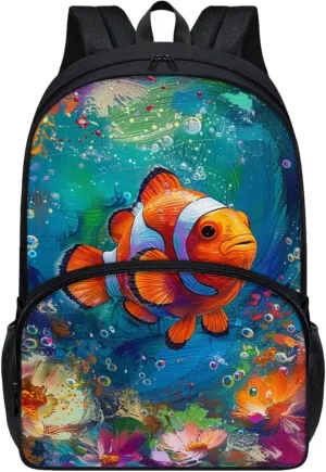 PinUp Angel Clownfish Print Kids Art Oil Painting Animal Patterned Backpack for Elementary Primary Middle School Bags for Teens Children Cute Book Bags Gifts