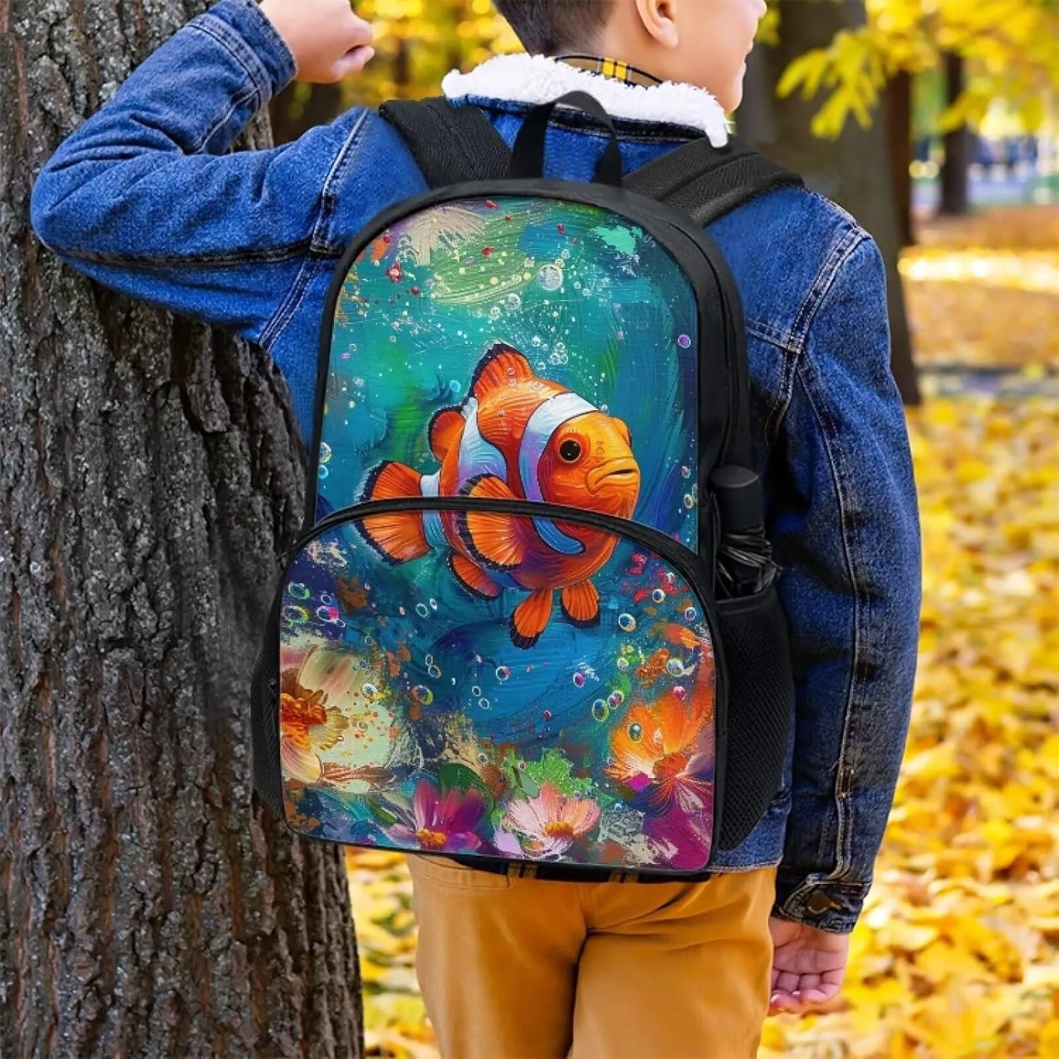 PinUp Angel Clownfish Print Kids Art Oil Painting Animal Patterned Backpack for Elementary Primary Middle School Bags for Teens Children Cute Book Bags Gifts
