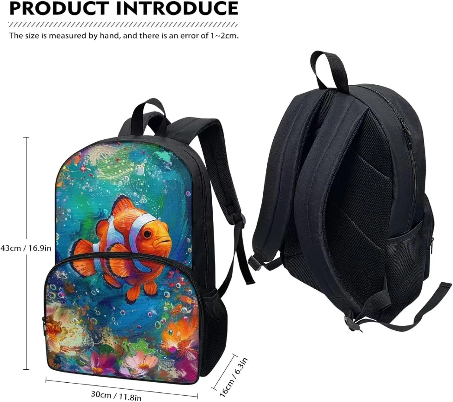 PinUp Angel Clownfish Print Kids Art Oil Painting Animal Patterned Backpack for Elementary Primary Middle School Bags for Teens Children Cute Book Bags Gifts