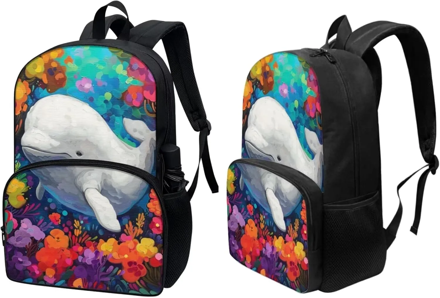 PinUp Angel Floral Beluga Print Kids Backpack with Lunch Bag Pencil Bag for Kids Cute Art Oil Painting Animal Patterned Backpacks Elementary Bookbag School Bag