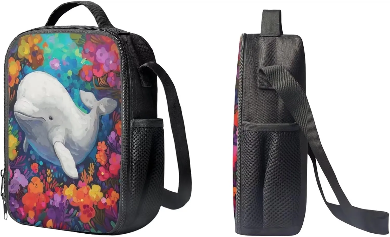 PinUp Angel Floral Beluga Print Kids Backpack with Lunch Bag Pencil Bag for Kids Cute Art Oil Painting Animal Patterned Backpacks Elementary Bookbag School Bag