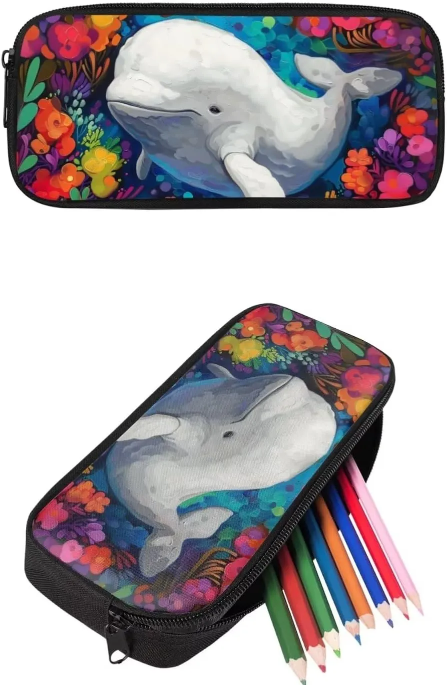 PinUp Angel Floral Beluga Print Kids Backpack with Lunch Bag Pencil Bag for Kids Cute Art Oil Painting Animal Patterned Backpacks Elementary Bookbag School Bag