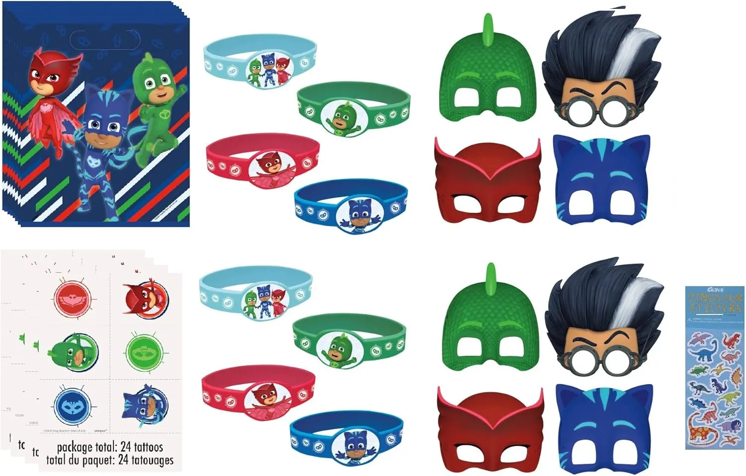 PJ Masks Birthday Party Supplies Favor Bundle Pack includes 8 Loot Bags, 8 RubberBracelets, 24 Tattoos, 8 Party PaperMasks, 1 Dinosaur Sticker Sheet