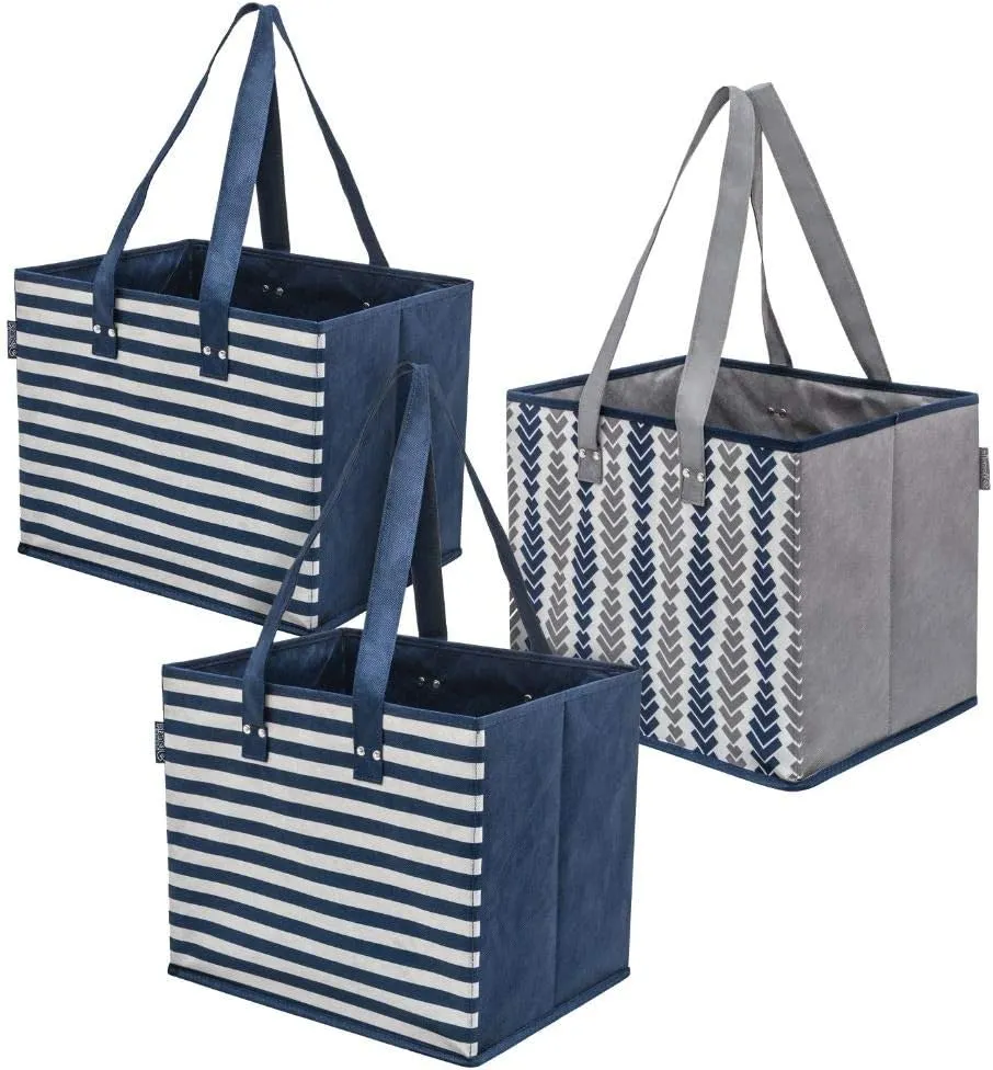PLANET E Reusable Grocery Shopping Bags with Reinforced Bottoms: Colourful Collapsible Multipurpose Heavy Duty Daily Utility Bag (Pack of 3)