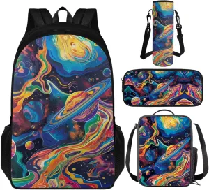 Planet Galaxy 4 Pc Backpack Set for Teen Girls Kids Bookbag Boys with Lunchbox Big Capacity Book Bags Schoolbag with Water Bottle Bag Crossbody for 1st 2nd 3rd 4th 5th Grade
