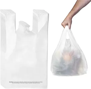 Plastic Bag with Handles | T Shirt | Shopping Bag for Small Business | Recyclable Plastic Grocery Bags | To Go for Food, Groceries & Restaurants | 21" x 11.5", 100-Pack | KitchenDine (100)