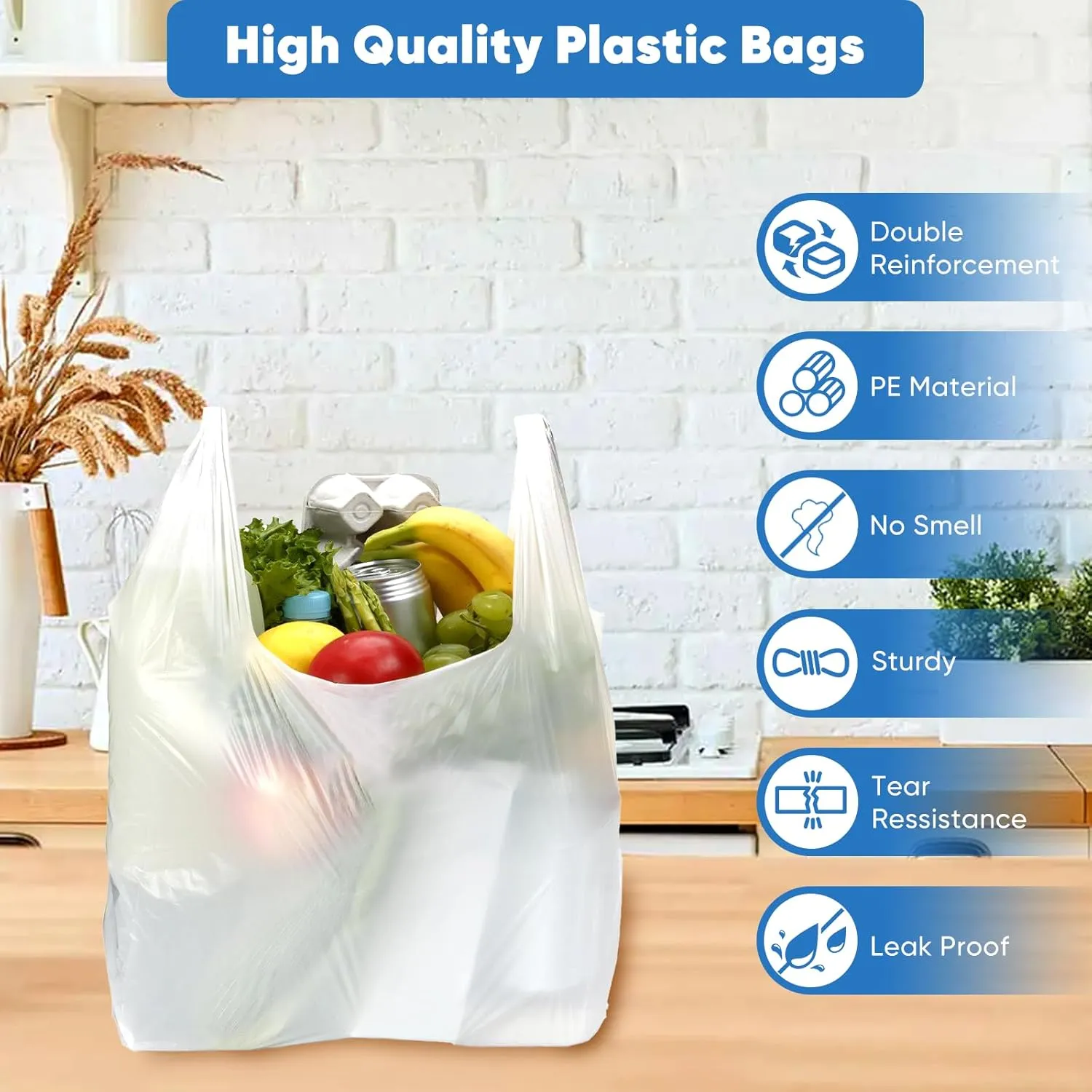 Plastic Bags, 300 Count T Shirt Bags, Plastic Bags With Handles For Shopping, Plastic Grocery Bags, Plastic Bags For Small Business (11"x 6"x 21"), Recyclable White Plastic Bag