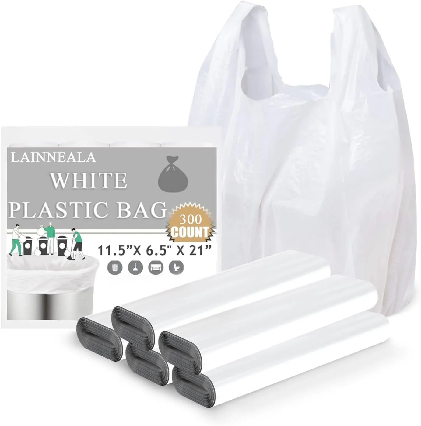 Plastic Bags, 300 Count T Shirt Bags, Plastic Bags With Handles For Shopping, Plastic Grocery Bags, Plastic Bags For Small Business (11"x 6"x 21"), Recyclable White Plastic Bag