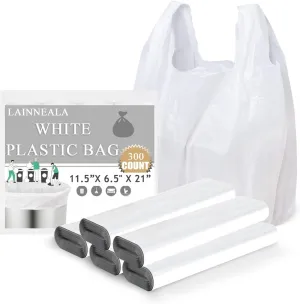 Plastic Bags, 300 Count T Shirt Bags, Plastic Bags With Handles For Shopping, Plastic Grocery Bags, Plastic Bags For Small Business (11"x 6"x 21"), Recyclable White Plastic Bag