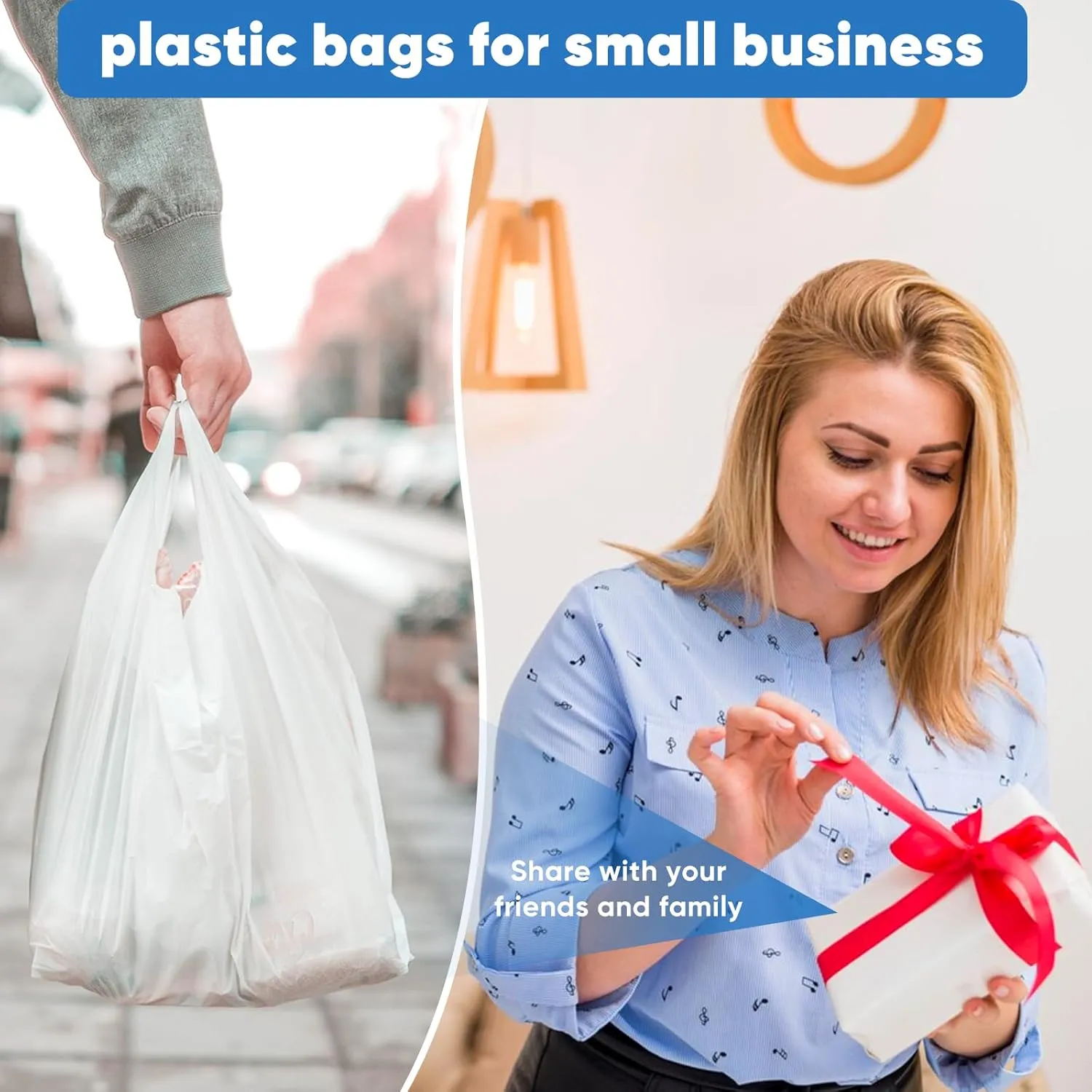 Plastic Bags, 300 Count T Shirt Bags, Plastic Bags With Handles For Shopping, Plastic Grocery Bags, Plastic Bags For Small Business (11"x 6"x 21"), Recyclable White Plastic Bag