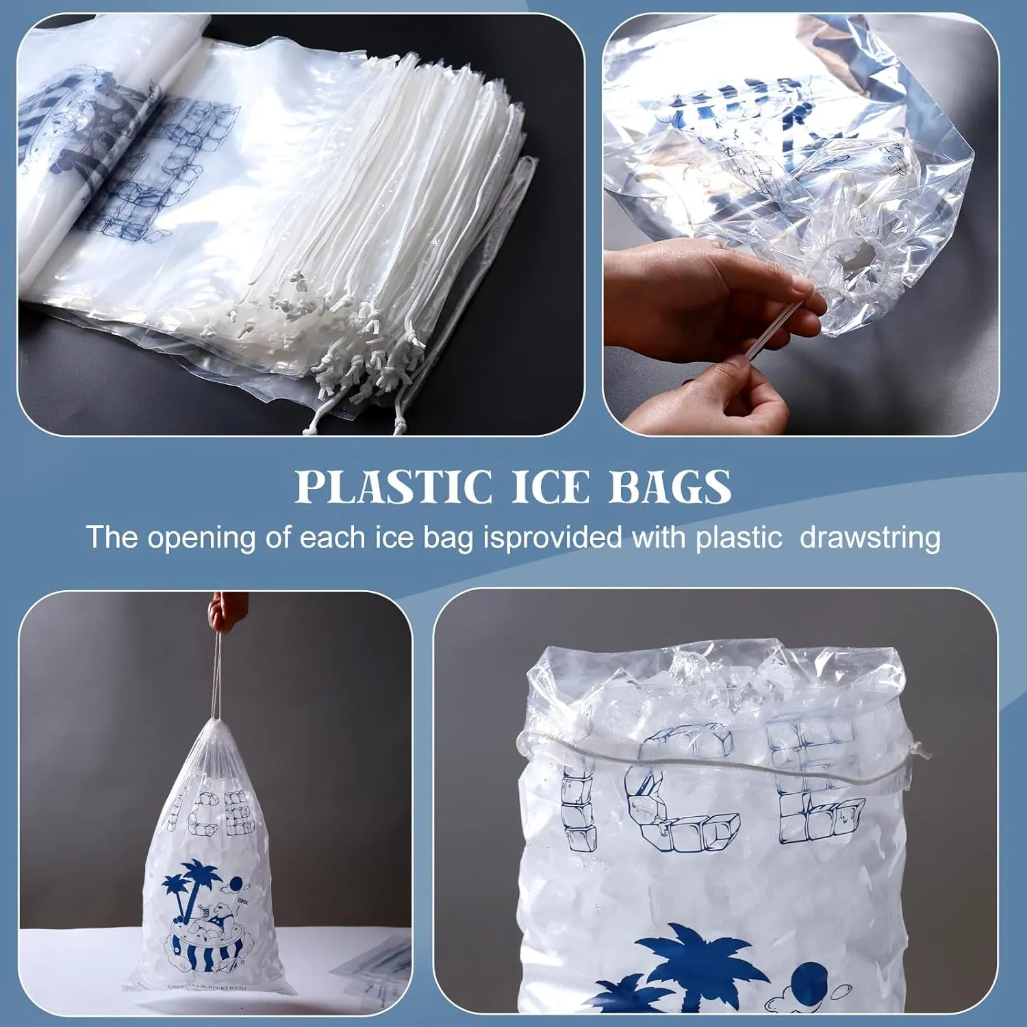 Plastic Ice Bags 10 lb with Drawstring, 50 Pack Reusable Ice Cube Bags, 12 x 21 Inch Heavy-Duty Ice Bags for Ice Machines, Ice Storage Bags with Plastic Drawstring for Freezer Keeper(2 Mils Thickness)