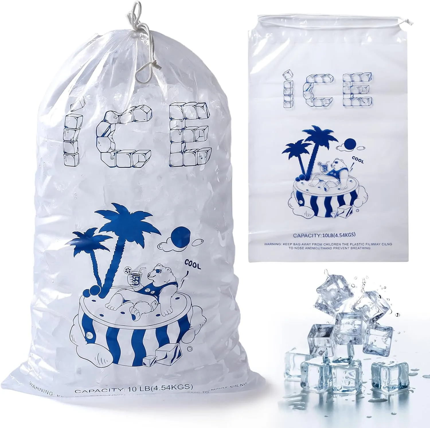 Plastic Ice Bags 10 lb with Drawstring, 50 Pack Reusable Ice Cube Bags, 12 x 21 Inch Heavy-Duty Ice Bags for Ice Machines, Ice Storage Bags with Plastic Drawstring for Freezer Keeper(2 Mils Thickness)