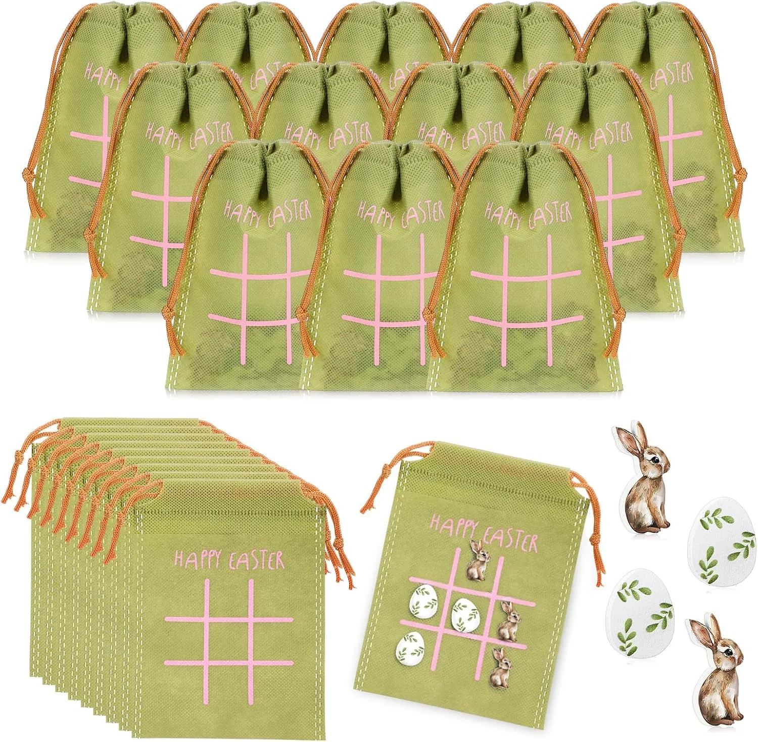 Poen 36 Set Easter Game for Kids Bulk Bunny Tic Tac Toe with Vintage Easter Egg Wooden Pieces Happy Easter Drawstring Bags Gifts for Toddlers Boys Girls Classroom Prize Egg Hunts Basket Fillers