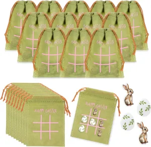 Poen 36 Set Easter Game for Kids Bulk Bunny Tic Tac Toe with Vintage Easter Egg Wooden Pieces Happy Easter Drawstring Bags Gifts for Toddlers Boys Girls Classroom Prize Egg Hunts Basket Fillers