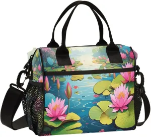Pond Lilies Blue Lunch Bag for Women Insulated Large Lunch Tote Bag with Adjustable Shoulder Strap for Picnic S