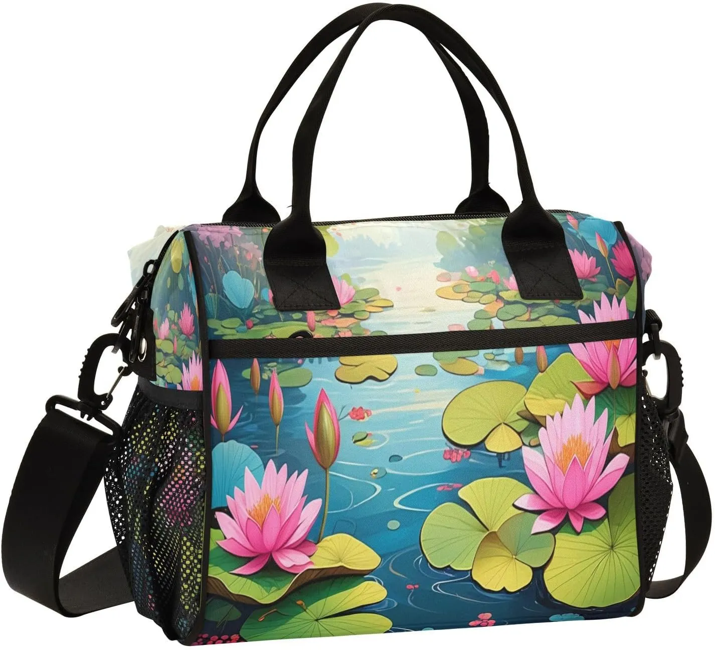 Pond Lilies Blue Lunch Bag for Women Insulated Large Lunch Tote Bag with Adjustable Shoulder Strap for Picnic S