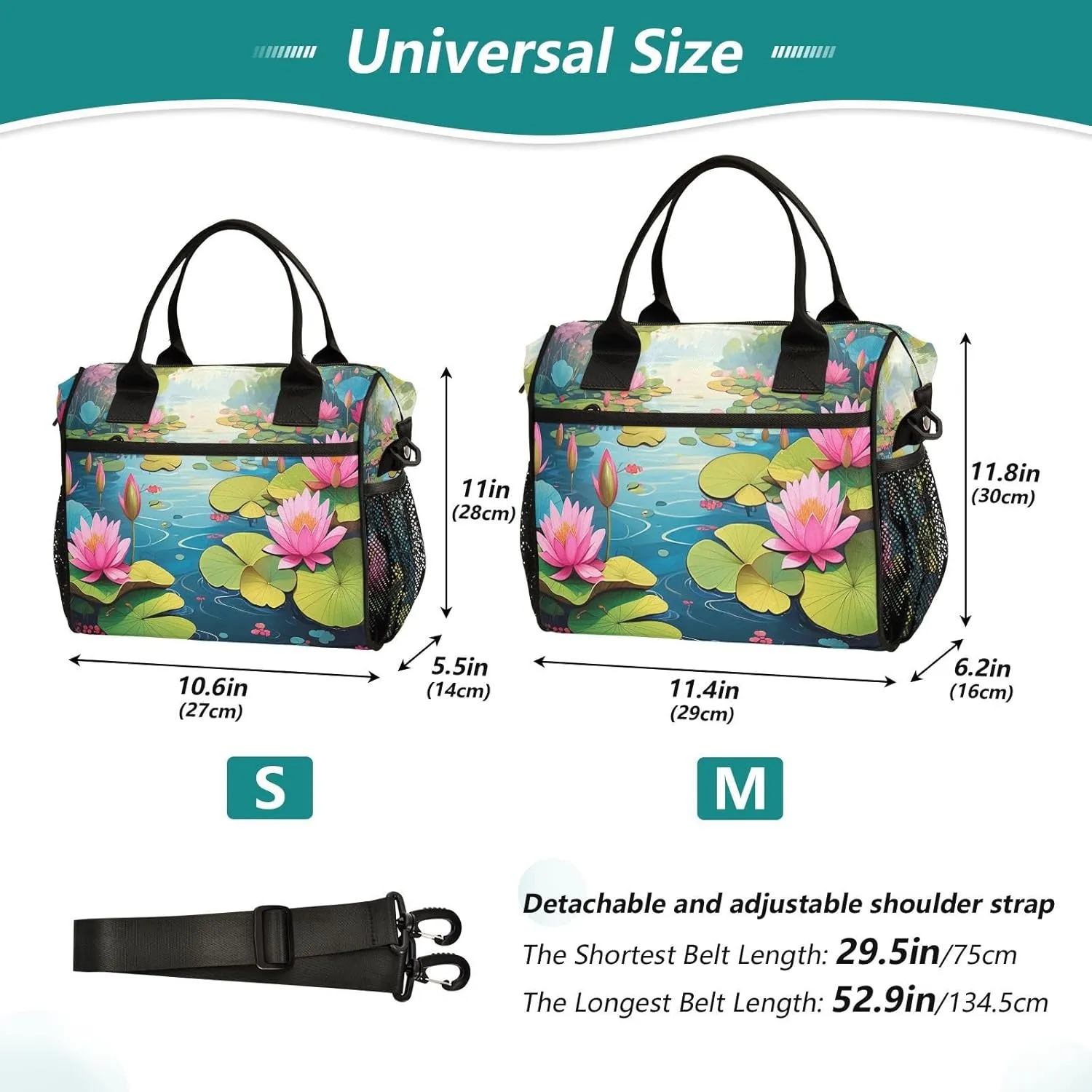 Pond Lilies Blue Lunch Bag for Women Insulated Large Lunch Tote Bag with Adjustable Shoulder Strap for Picnic S