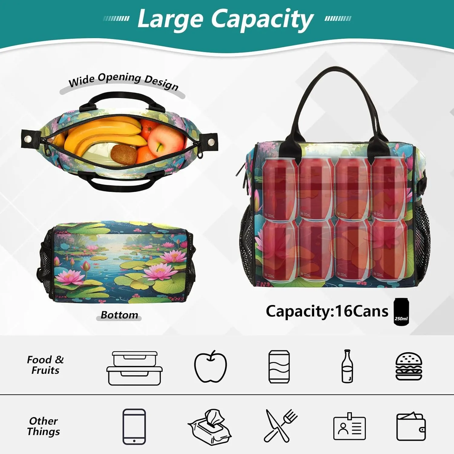 Pond Lilies Blue Lunch Bag for Women Insulated Large Lunch Tote Bag with Adjustable Shoulder Strap for Picnic S