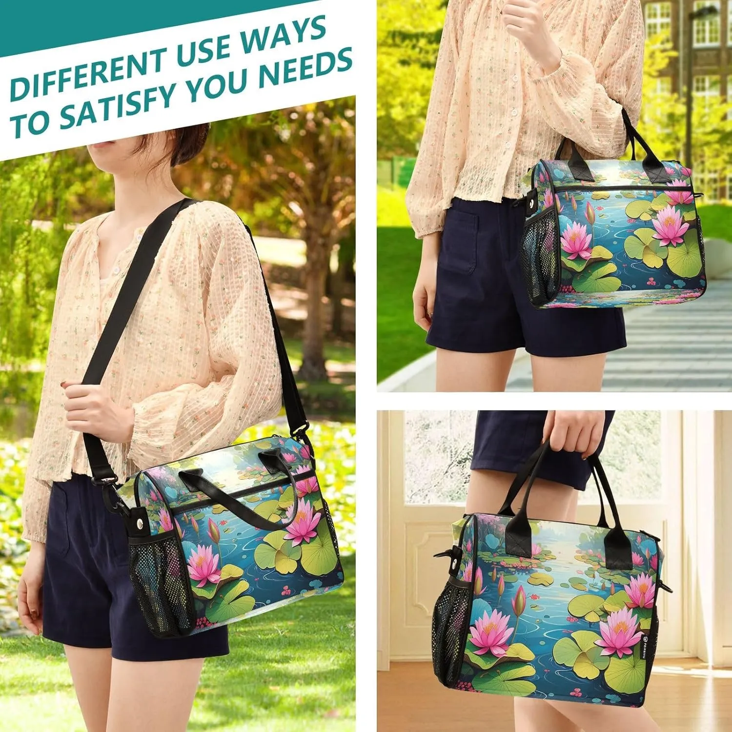 Pond Lilies Blue Lunch Bag for Women Insulated Large Lunch Tote Bag with Adjustable Shoulder Strap for Picnic S