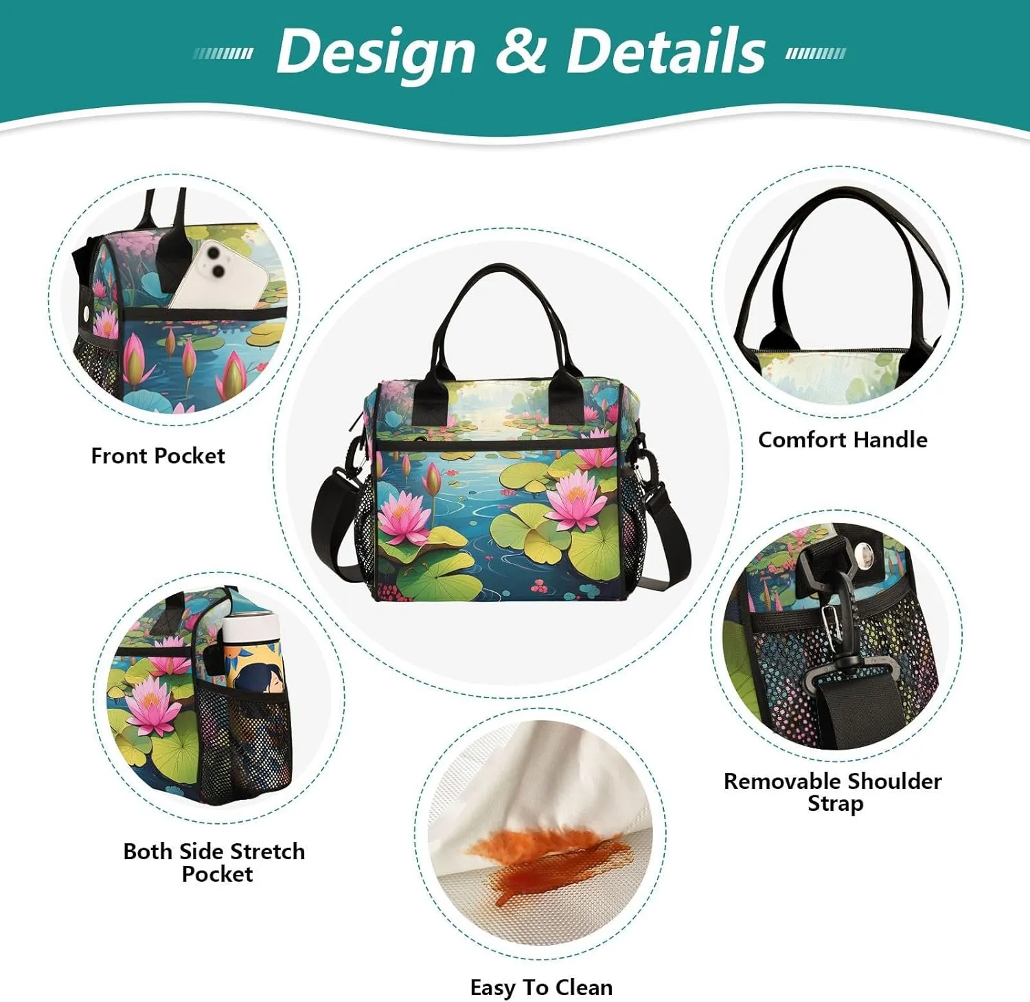 Pond Lilies Blue Lunch Bag for Women Insulated Large Lunch Tote Bag with Adjustable Shoulder Strap for Picnic S