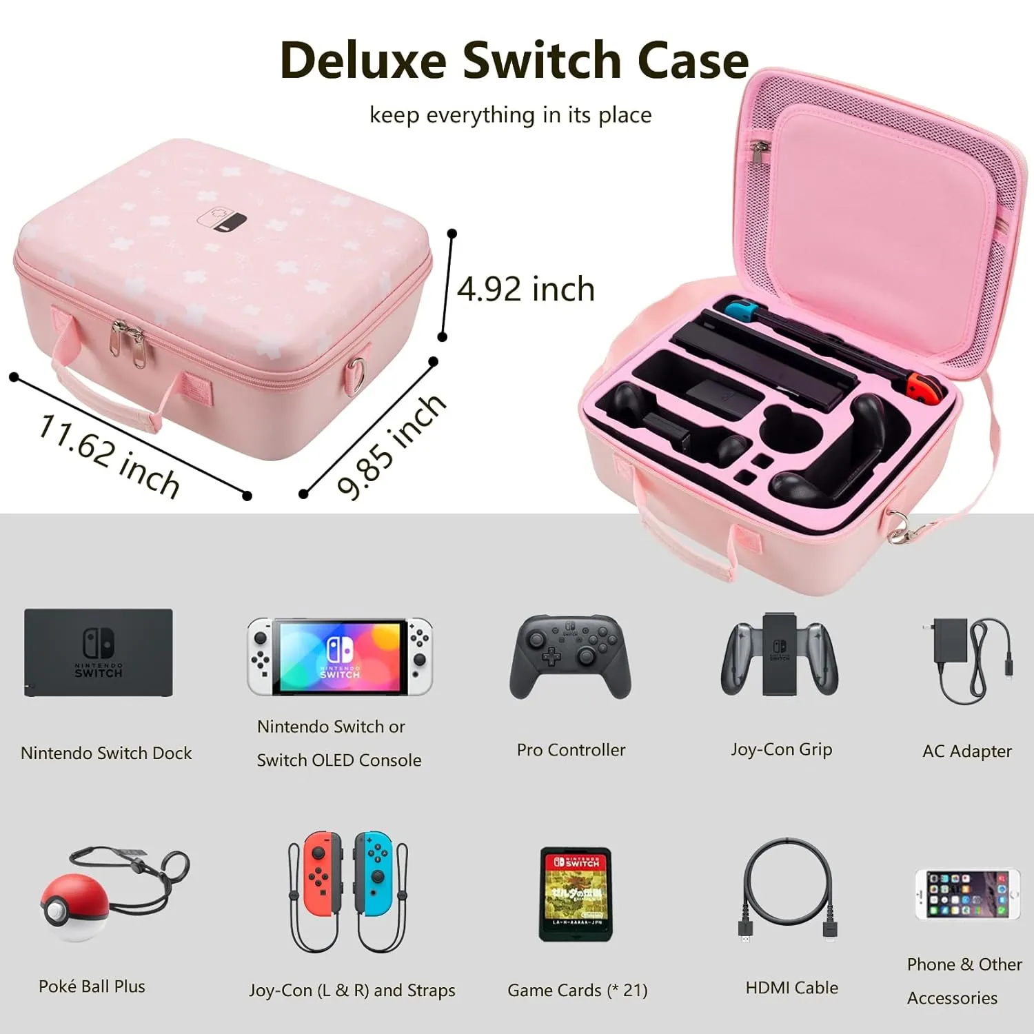 Portable Hard Shell Nintendo Switch Case Compatible with Nintendo Switch/Switch OLED Model, Deluxe Travel Storage Protective Carrying Case Bag for Switch Console Pro Controller Accessories-Pink