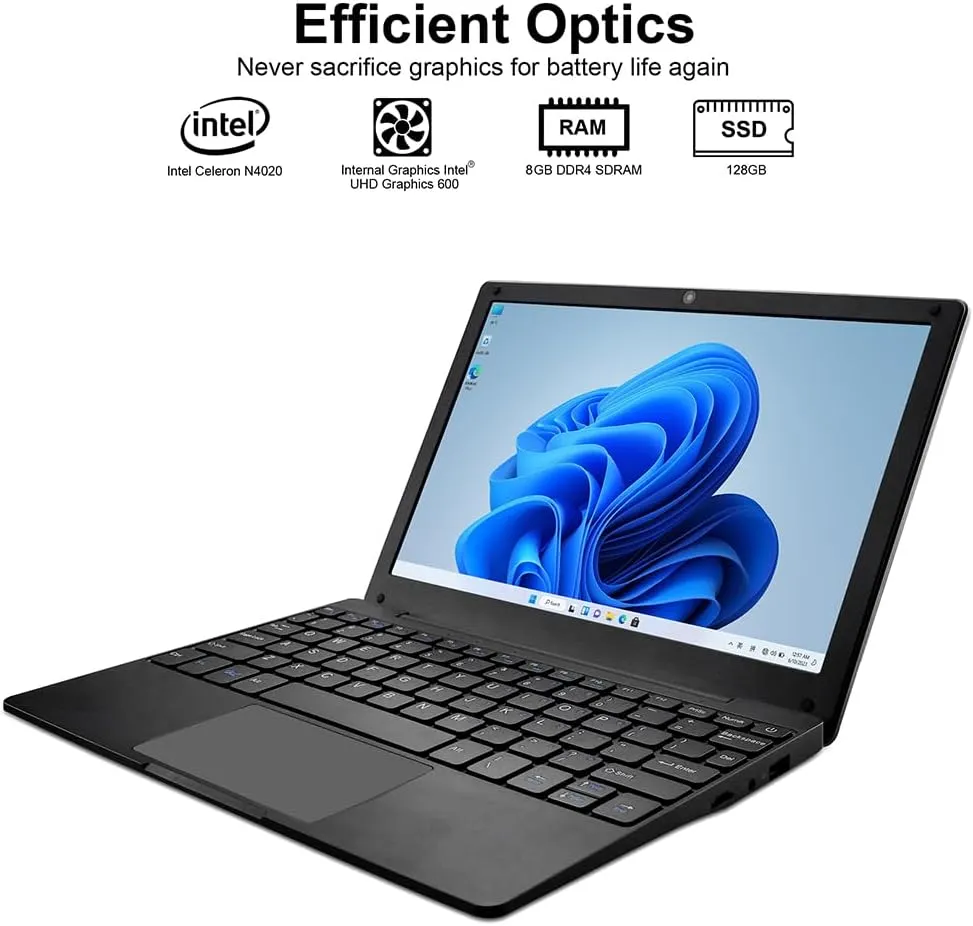 Portable Mini Education Laptop Computer with in tel Celeron N4020 CPU 8GB RAM 128GB SSD HD IPS Screen, Laptop Computer for Learning, Office Work (Black, 8GB 128GB)