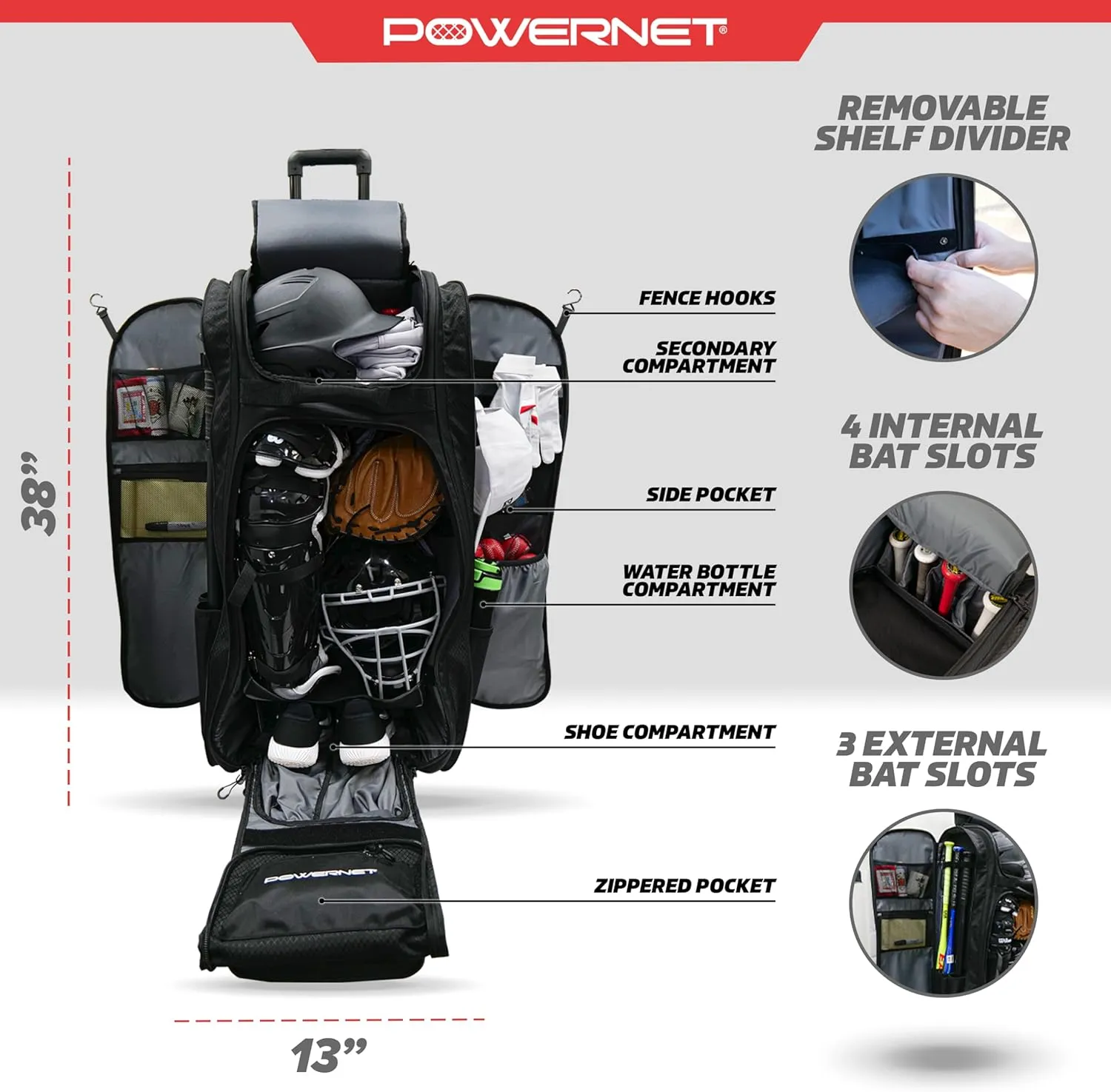 PowerNet Baseball Bag, Travel Bag for Softball Baseball Accessories & Baseball Gear, Fits Baseball Glove, Bat, Helmet, Batting Gloves & Catchers Gear
