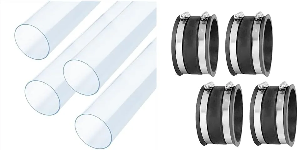 POWERTEC 70272-P4 Clear PVC Pipe 4" x 36" Long, 4PK, Rigid Plastic Tubing for Dust Collection Hose & Fittings & 70149-P4 Dust Control Flex Cuff with Steel Clamps, 4-Inch, 4PK