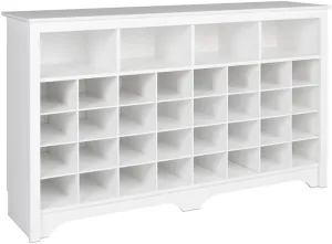 Prepac White Console Table, Shoe Cabinet, Storage Cabinet with 32 Shoe Cubbies and 4 Large Storage Cubbies 15.5" D x 60" W x 35" H