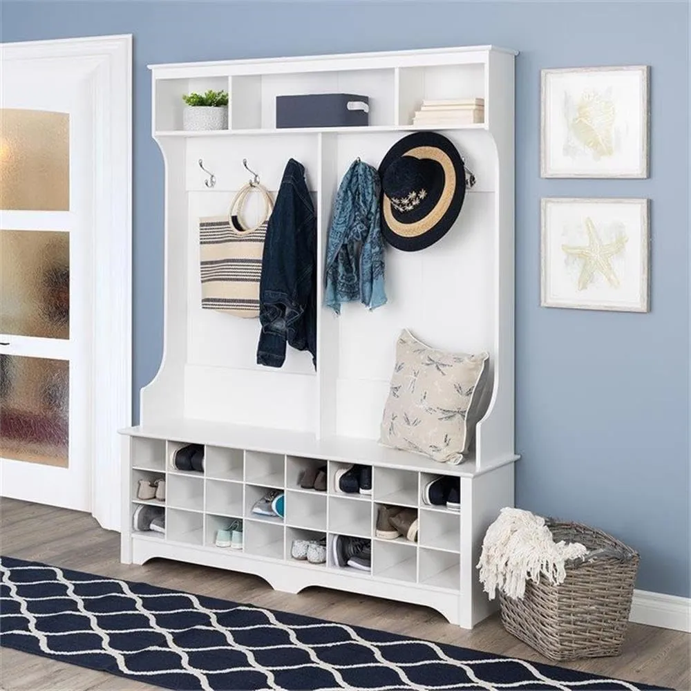 Prepac White Hall Tree, Shoe Cabinet, Storage Cabinet with 24 Shoe Cubbies and 6 Double Coat Hooks 15.5" D x 60" W x 77" H